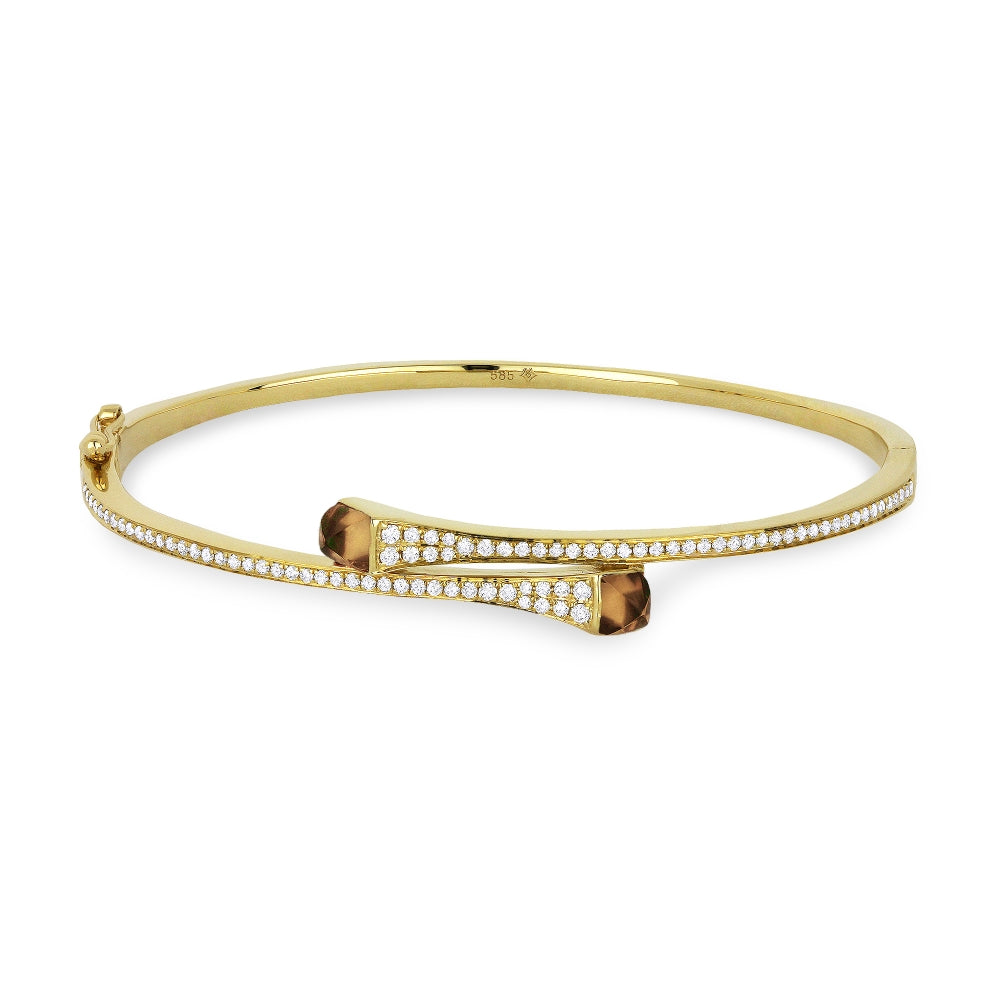 Beautiful Hand Crafted 14K Yellow Gold  Smokey Topaz And Diamond Eclectica Collection Bangle