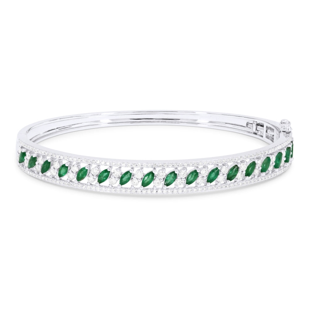 Beautiful Hand Crafted 14K White Gold  Emerald And Diamond Arianna Collection Bangle