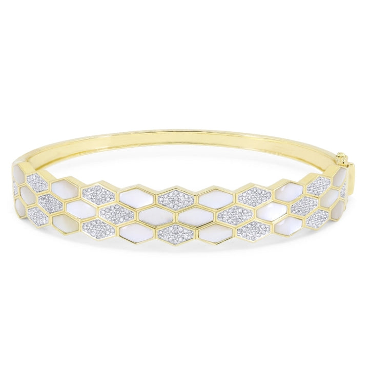 Beautiful Hand Crafted 14K Yellow Gold  Mother Of Pearl And Diamond Milano Collection Bangle