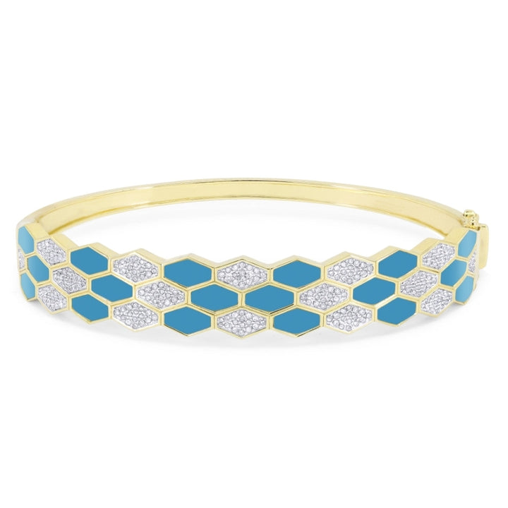 Beautiful Hand Crafted 14K Yellow Gold  Turquoise And Diamond Milano Collection Bangle
