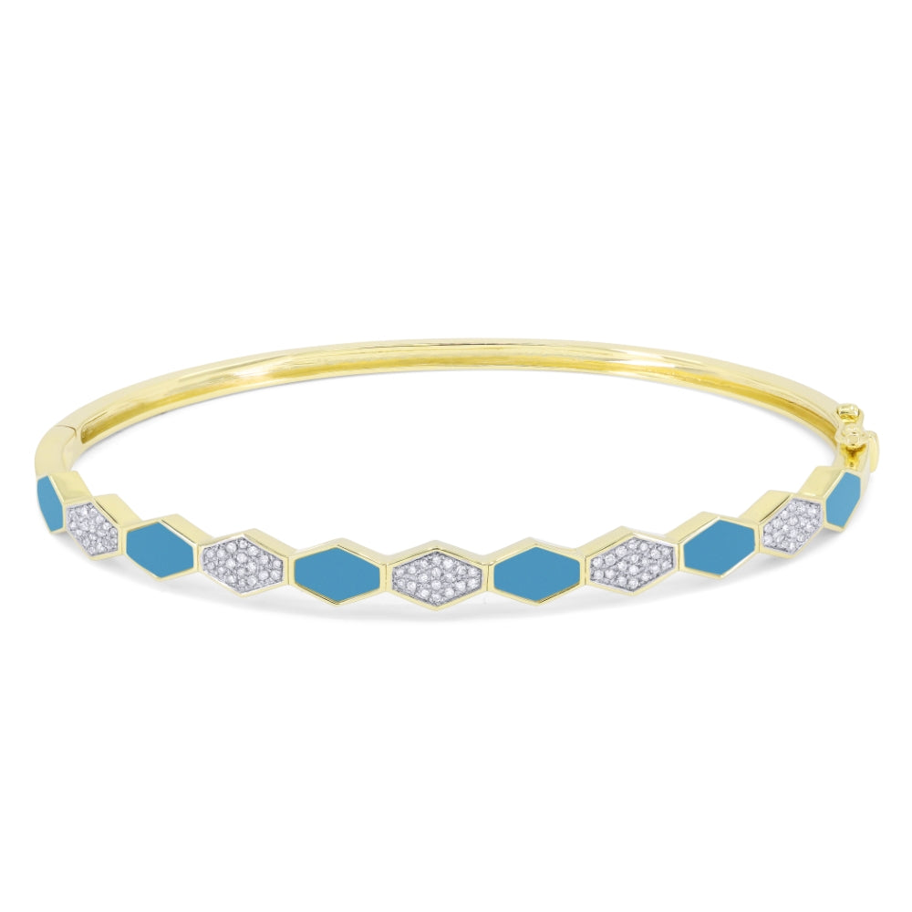 Beautiful Hand Crafted 14K Yellow Gold  Turquoise And Diamond Milano Collection Bangle