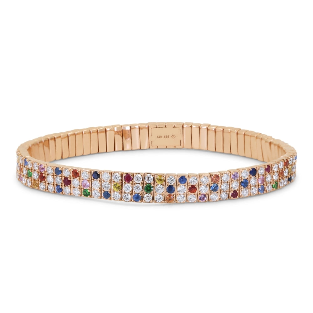 Beautiful Hand Crafted 14K Rose Gold  Multi Colored Sapphire And Diamond Milano Collection Bangle