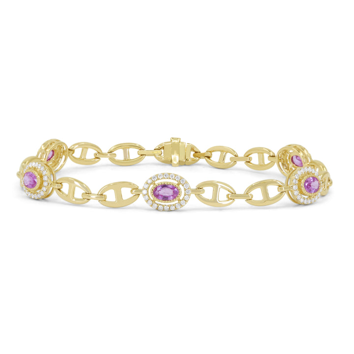 Beautiful Hand Crafted 14K Yellow Gold 3x5MM Pink Sapphire And Diamond Arianna Collection Bracelet