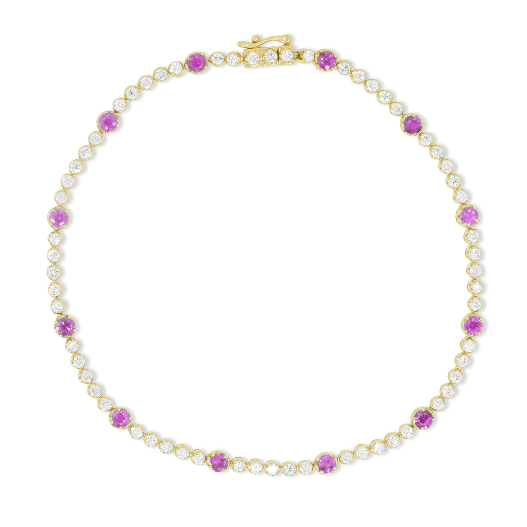 Beautiful Hand Crafted 14K Yellow Gold 3MM Pink Sapphire And Diamond Arianna Collection Bracelet