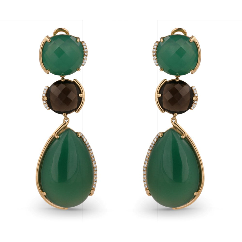 Beautiful Hand Crafted 14K Yellow Gold  Green Agate And Diamond Eclectica Collection Drop Dangle Earrings With A Lever Back Closure