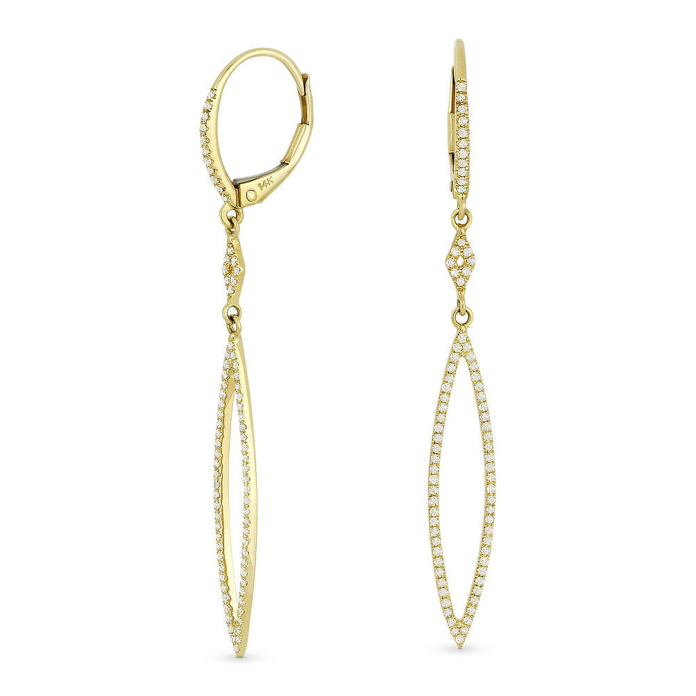 Beautiful Hand Crafted 14K Yellow Gold White Diamond Stiletto Collection Drop Dangle Earrings With A Lever Back Closure