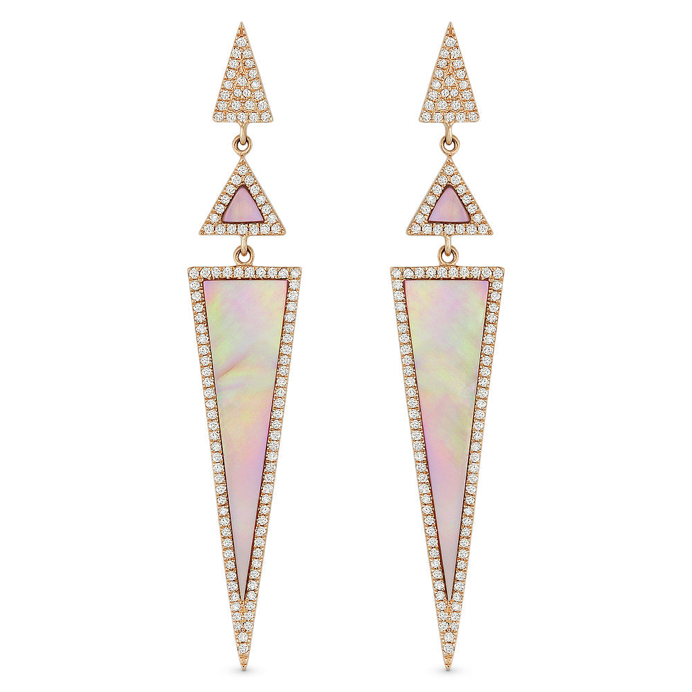 Beautiful Hand Crafted 14K Rose Gold  Mother Of Pearl And Diamond Stiletto Collection Drop Dangle Earrings With A Lever Back Closure