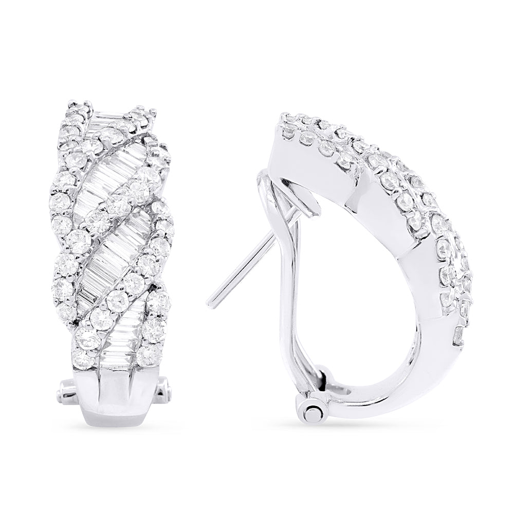 Beautiful Hand Crafted 18K White Gold White Diamond Milano Collection Hoop Earrings With A Omega Back Closure