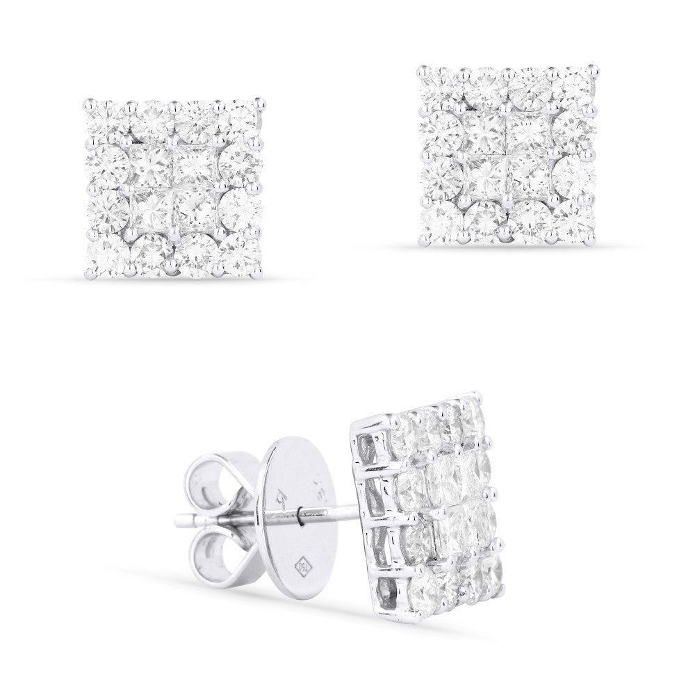 Beautiful Hand Crafted 18K White Gold White Diamond Lumina Collection Stud Earrings With A Push Back Closure