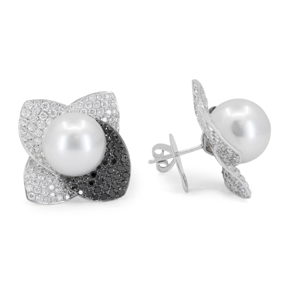 Beautiful Hand Crafted 18K White Gold  Pearl And Diamond Eclectica Collection Stud Earrings With A Push Back Closure