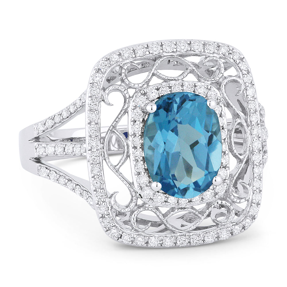 Beautiful Hand Crafted 14K White Gold  Blue Topaz And Diamond Eclectica Collection Ring
