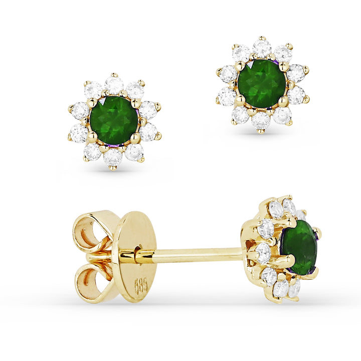 Beautiful Hand Crafted 14K Yellow Gold 3MM Emerald And Diamond Arianna Collection Stud Earrings With A Push Back Closure