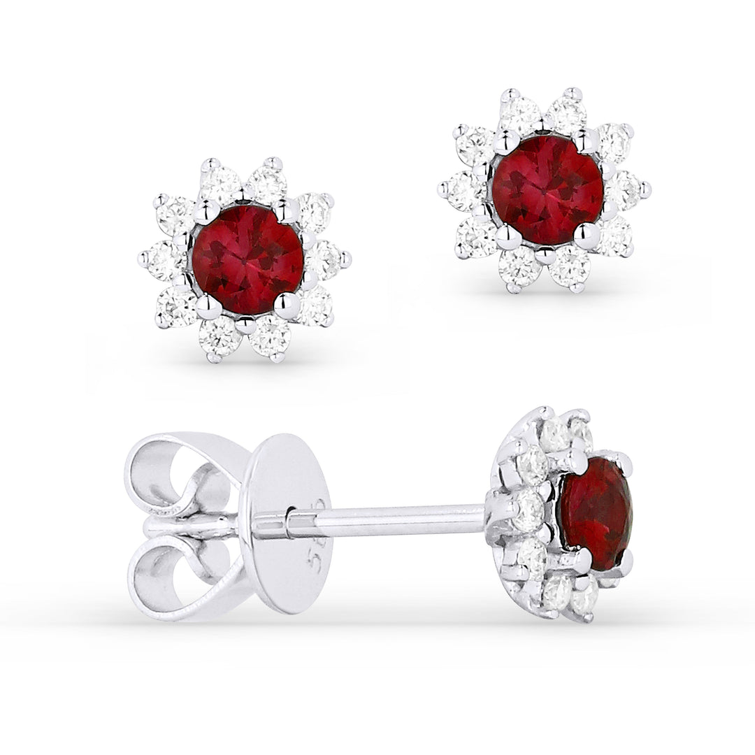 Beautiful Hand Crafted 14K White Gold 3MM Ruby And Diamond Arianna Collection Stud Earrings With A Push Back Closure