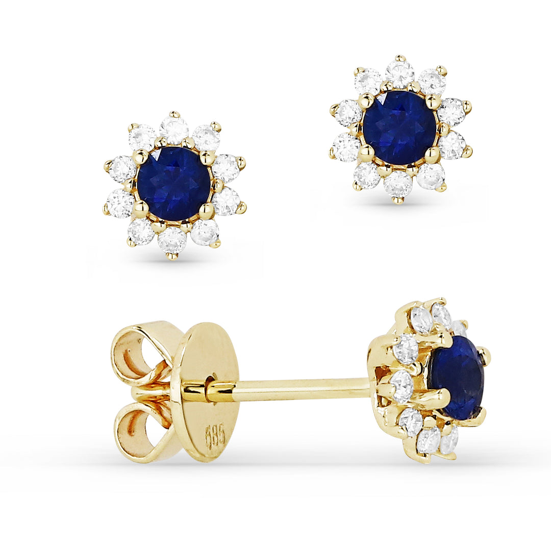 Beautiful Hand Crafted 14K Yellow Gold 3MM Sapphire And Diamond Arianna Collection Stud Earrings With A Push Back Closure