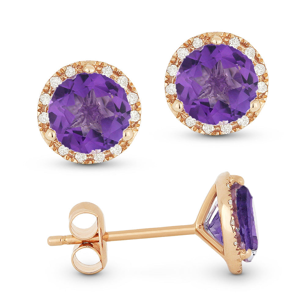 Beautiful Hand Crafted 14K Rose Gold 6MM Amethyst And Diamond Essentials Collection Stud Earrings With A Push Back Closure
