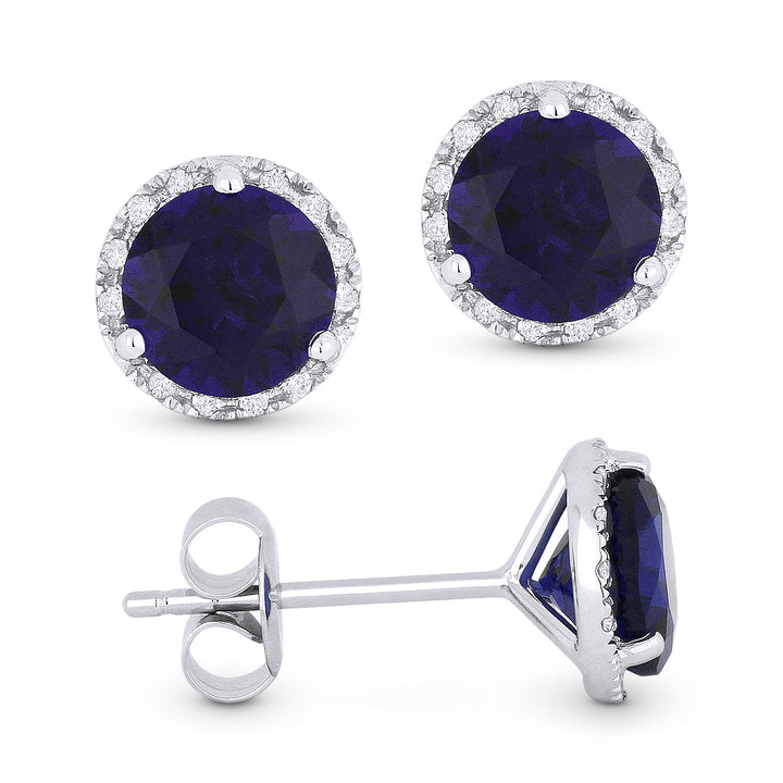 Beautiful Hand Crafted 14K White Gold 6MM Created Sapphire And Diamond Essentials Collection Stud Earrings With A Push Back Closure