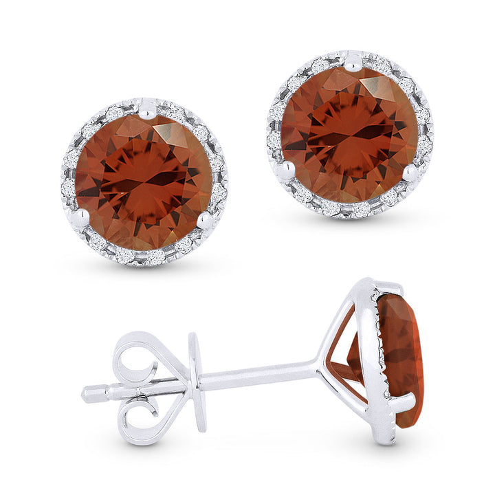 Beautiful Hand Crafted 14K White Gold 6MM Created Padparadscha And Diamond Essentials Collection Stud Earrings With A Push Back Closure