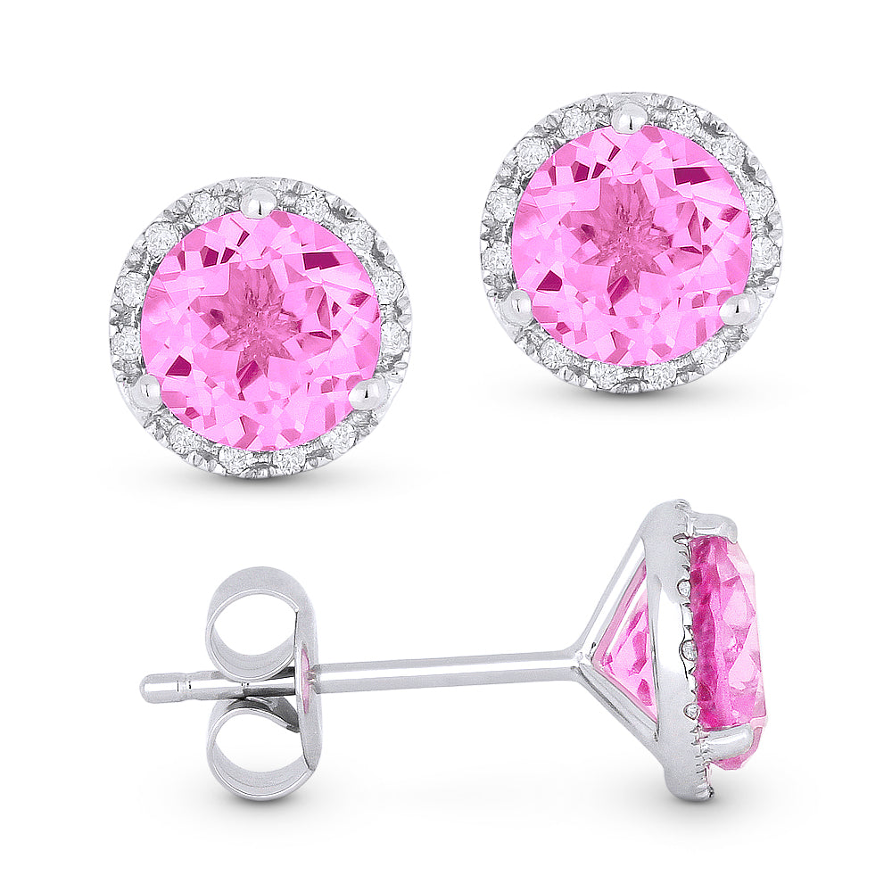 Beautiful Hand Crafted 14K White Gold 6MM Created Pink Sapphire And Diamond Essentials Collection Stud Earrings With A Push Back Closure