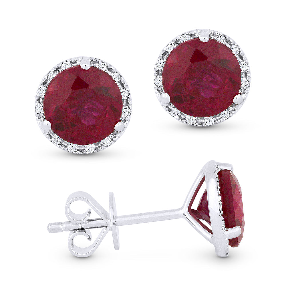 Beautiful Hand Crafted 14K White Gold 6MM Created Ruby And Diamond Essentials Collection Stud Earrings With A Push Back Closure