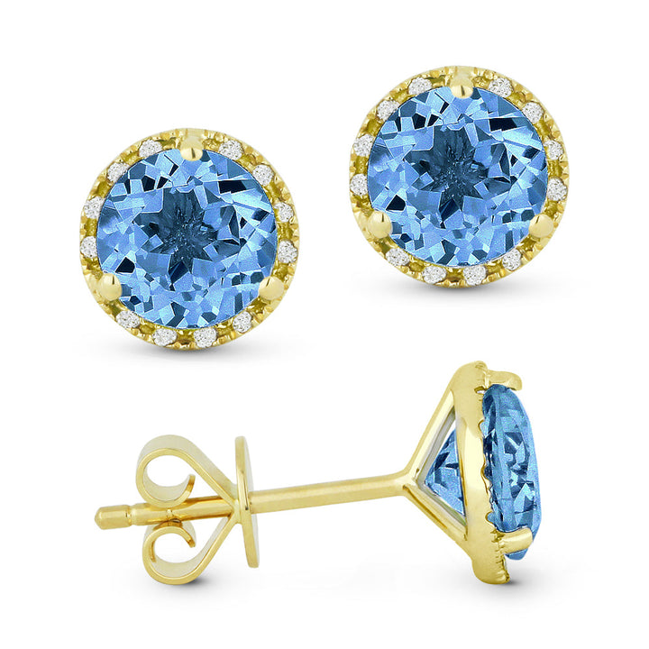 Beautiful Hand Crafted 14K Yellow Gold 6MM Swiss Blue Topaz And Diamond Essentials Collection Stud Earrings With A Push Back Closure