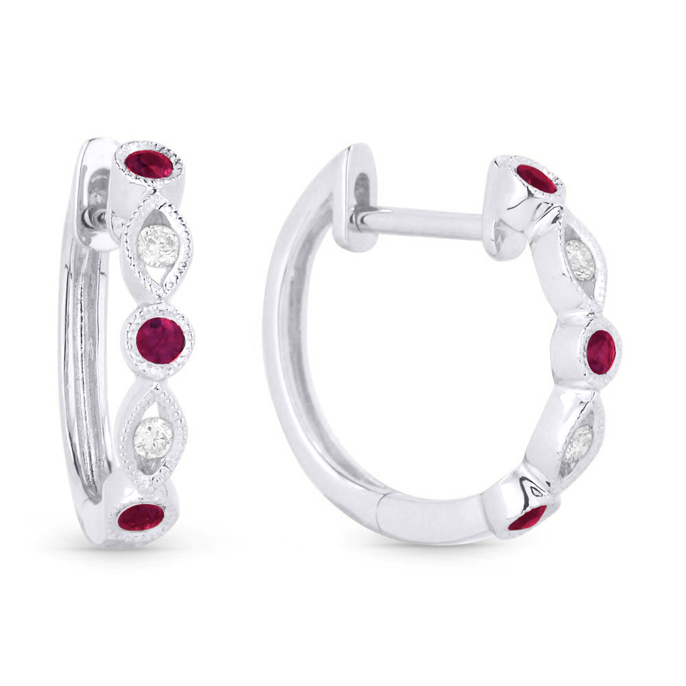 Beautiful Hand Crafted 14K White Gold 15MM Ruby And Diamond Arianna Collection Hoop Earrings With A Hoop Closure
