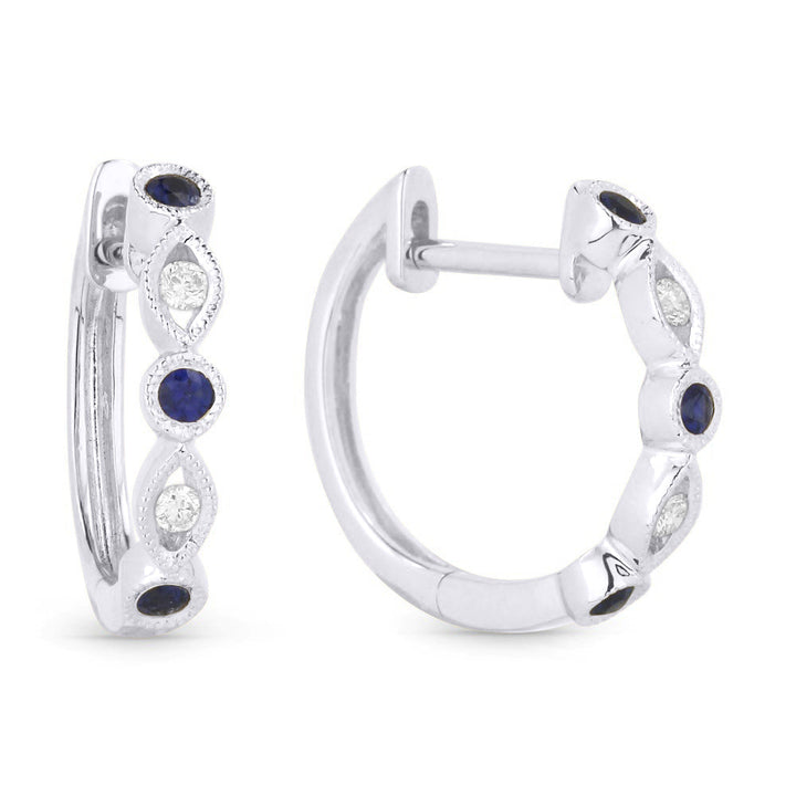 Beautiful Hand Crafted 14K White Gold 15MM Sapphire And Diamond Arianna Collection Hoop Earrings With A Hoop Closure