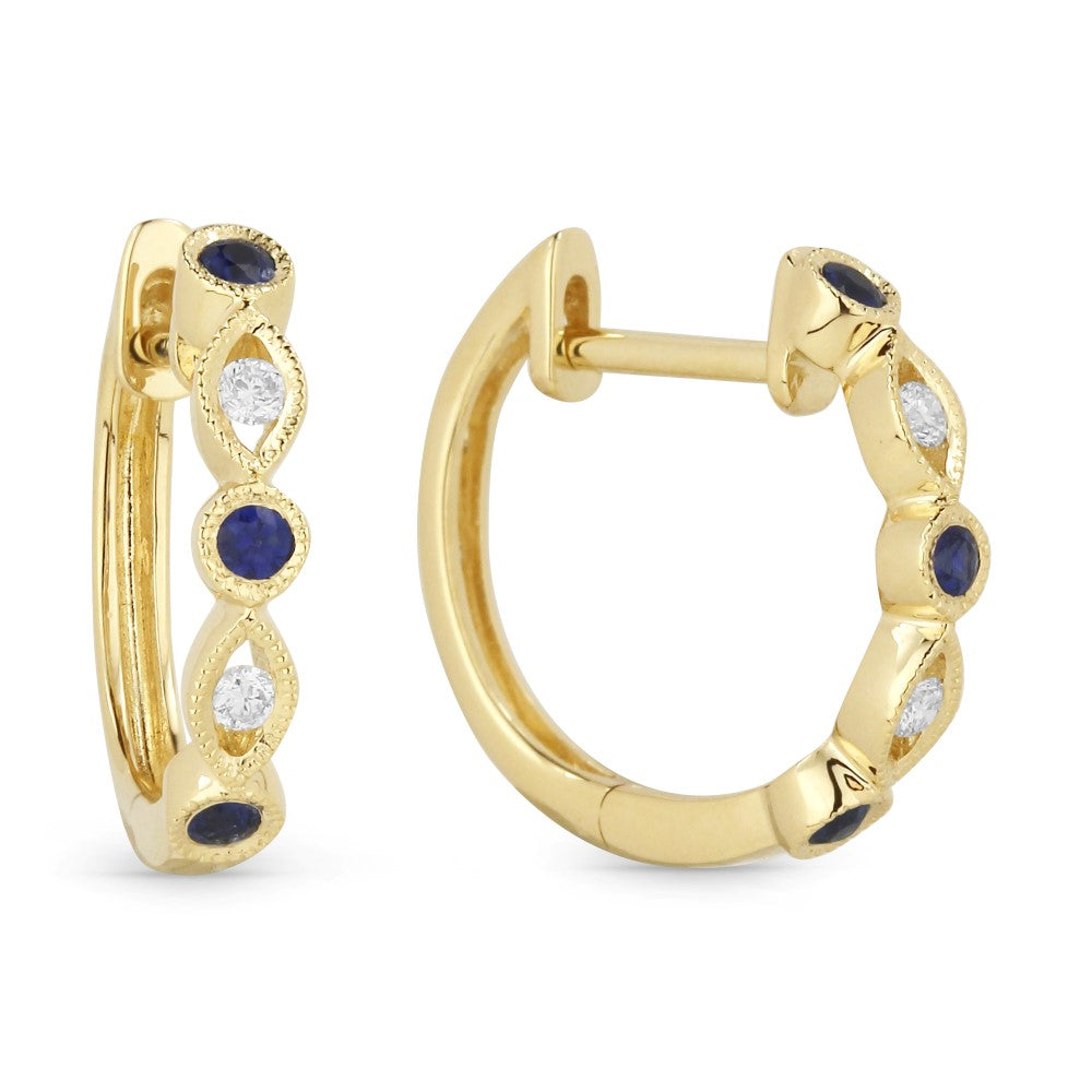 Beautiful Hand Crafted 14K Yellow Gold 15MM Sapphire And Diamond Arianna Collection Hoop Earrings With A Hoop Closure