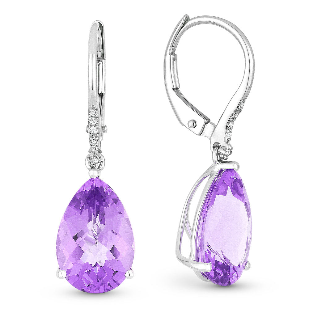 Beautiful Hand Crafted 14K White Gold 8x12MM Amethyst And Diamond Essentials Collection Drop Dangle Earrings With A Lever Back Closure