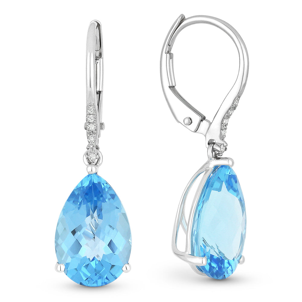 Beautiful Hand Crafted 14K White Gold 8x12MM Blue Topaz And Diamond Essentials Collection Drop Dangle Earrings With A Lever Back Closure