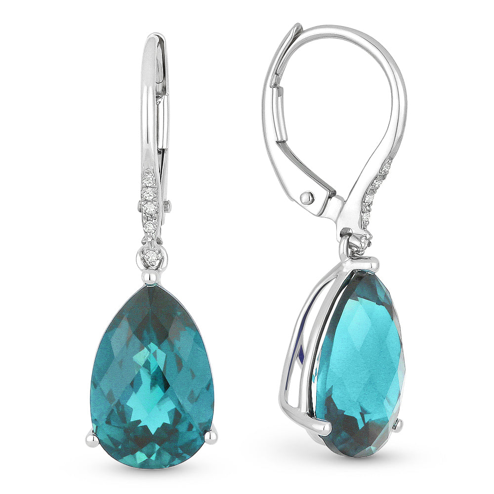 Beautiful Hand Crafted 14K White Gold 8x12MM Created Tourmaline Paraiba And Diamond Essentials Collection Drop Dangle Earrings With A Lever Back Closure