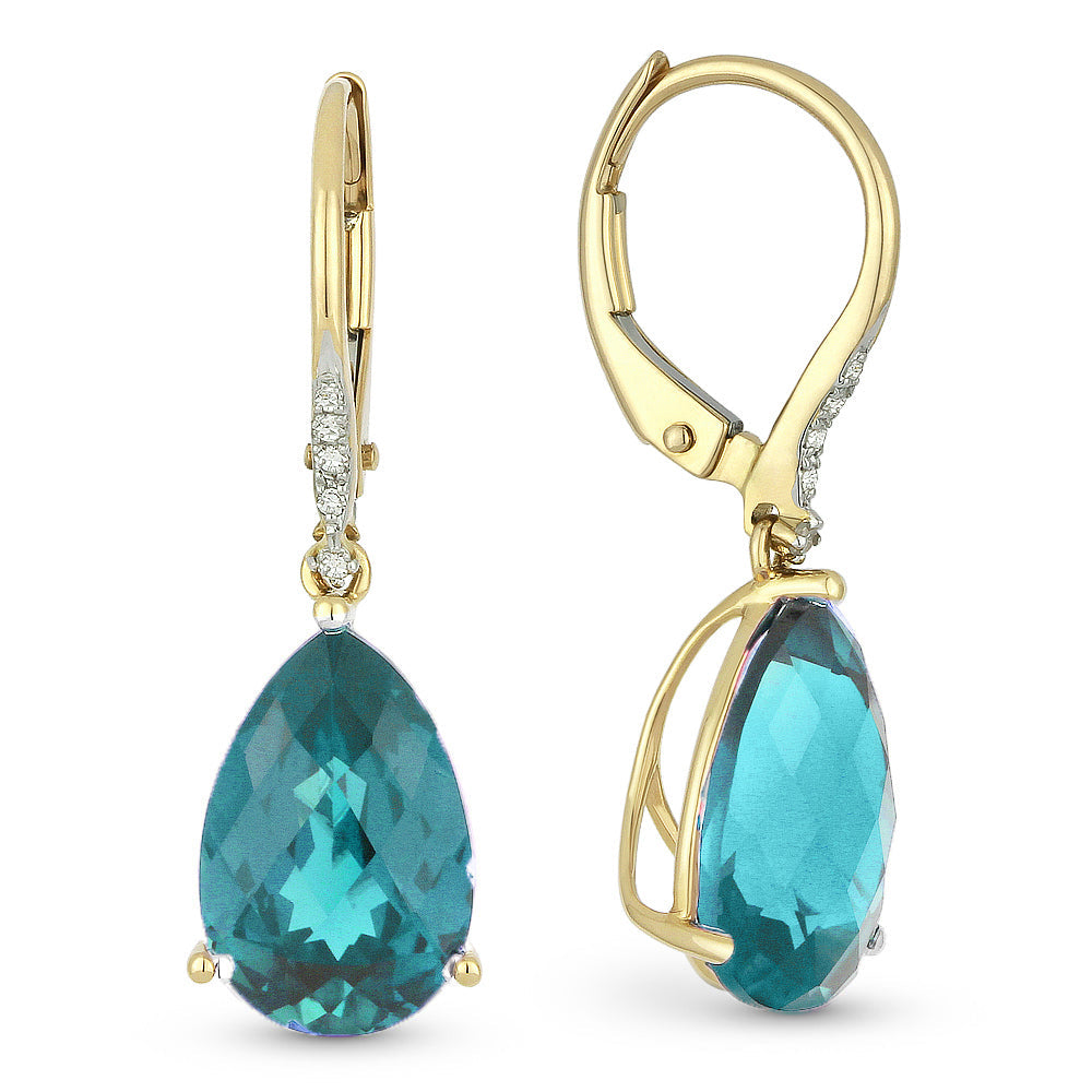 Beautiful Hand Crafted 14K Yellow Gold 8x12MM Created Tourmaline Paraiba And Diamond Essentials Collection Drop Dangle Earrings With A Lever Back Closure