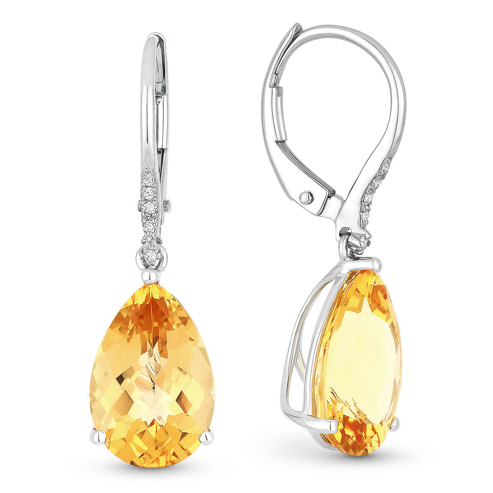 Beautiful Hand Crafted 14K White Gold 8x12MM Citrine And Diamond Essentials Collection Drop Dangle Earrings With A Lever Back Closure