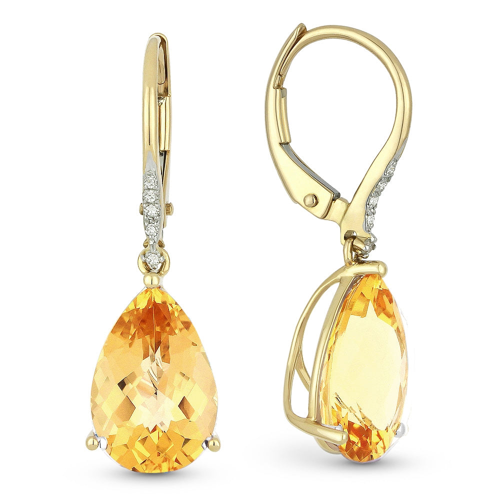 Beautiful Hand Crafted 14K Yellow Gold 8x12MM Citrine And Diamond Essentials Collection Drop Dangle Earrings With A Lever Back Closure