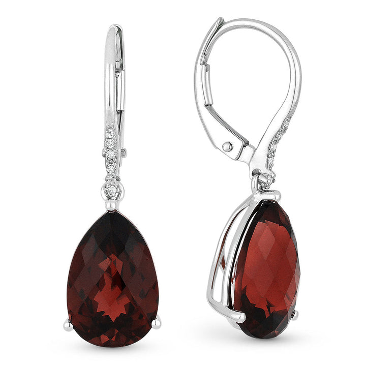 Beautiful Hand Crafted 14K White Gold 8x12MM Garnet And Diamond Essentials Collection Drop Dangle Earrings With A Lever Back Closure