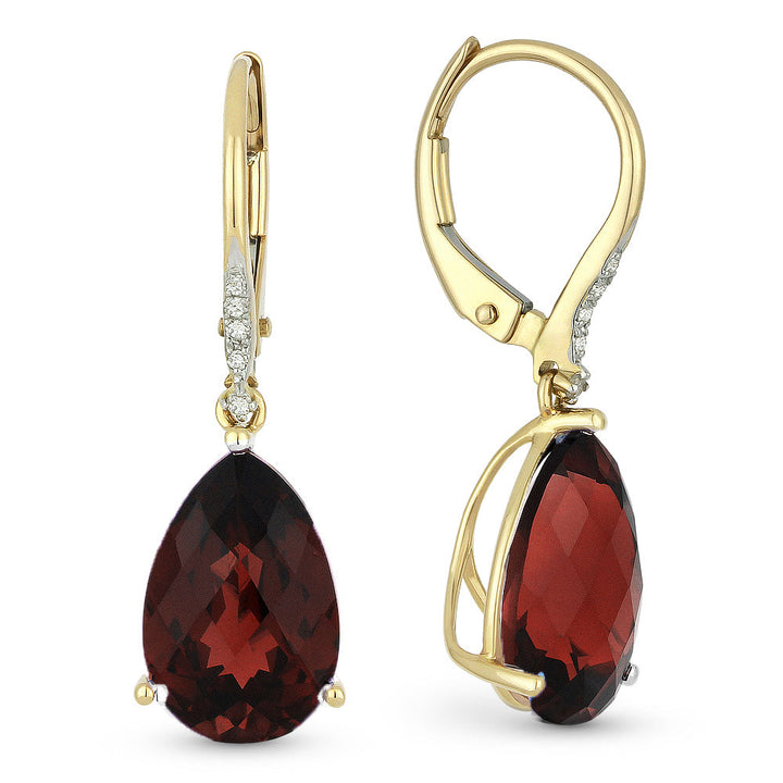 Beautiful Hand Crafted 14K Yellow Gold 8x12MM Garnet And Diamond Essentials Collection Drop Dangle Earrings With A Lever Back Closure