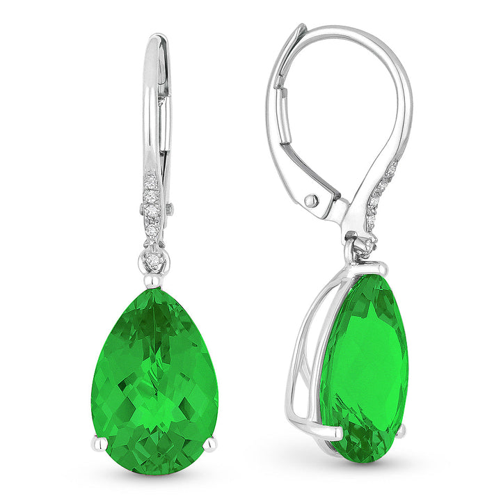 Beautiful Hand Crafted 14K White Gold 8x12MM Created Emerald And Diamond Essentials Collection Drop Dangle Earrings With A Lever Back Closure