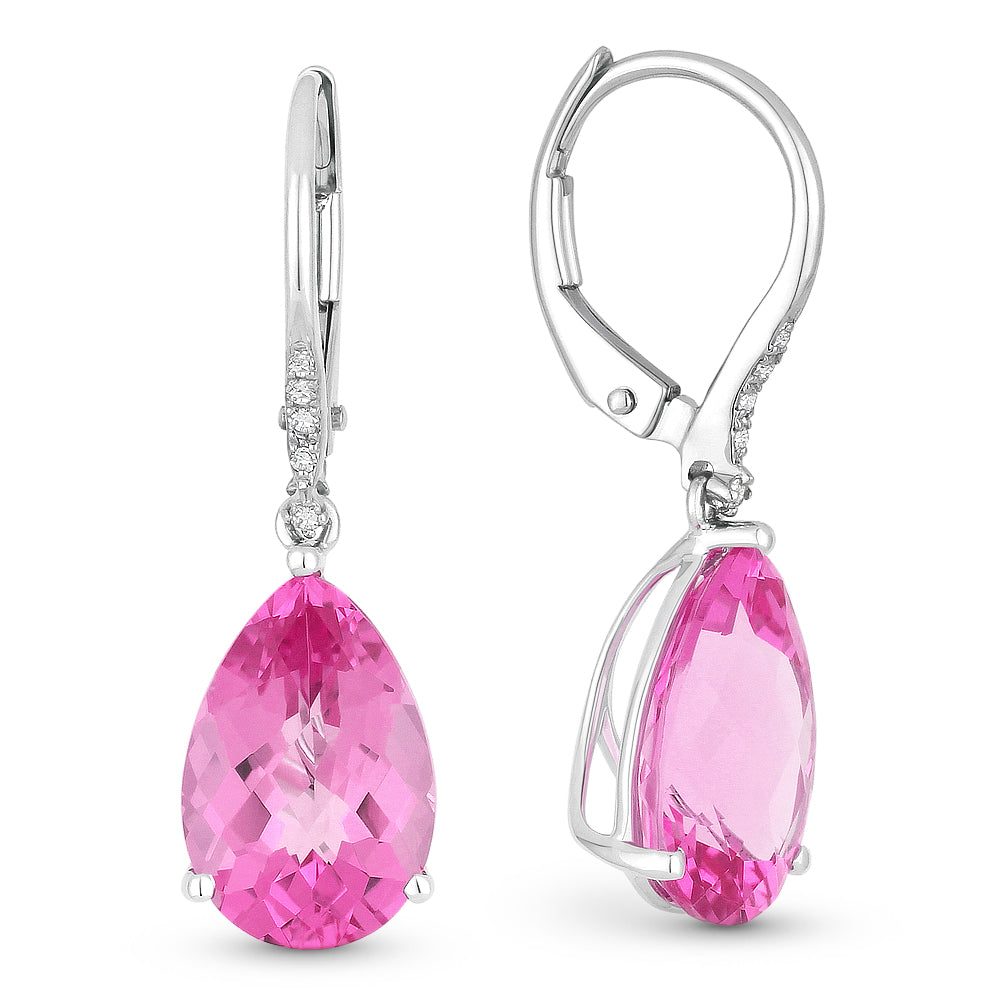 Beautiful Hand Crafted 14K White Gold 8x12MM Created Pink Sapphire And Diamond Essentials Collection Drop Dangle Earrings With A Lever Back Closure