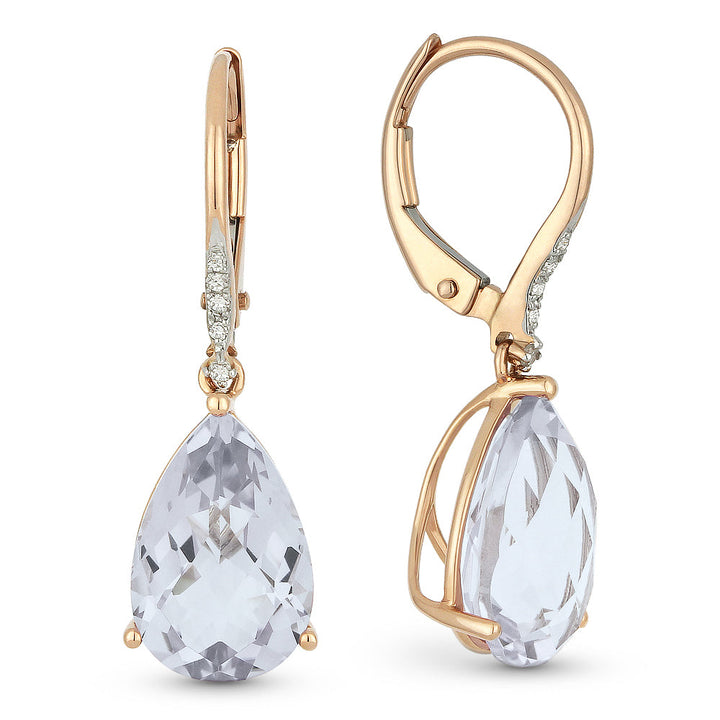 Beautiful Hand Crafted 14K Rose Gold 8x12MM White Topaz And Diamond Essentials Collection Drop Dangle Earrings With A Lever Back Closure