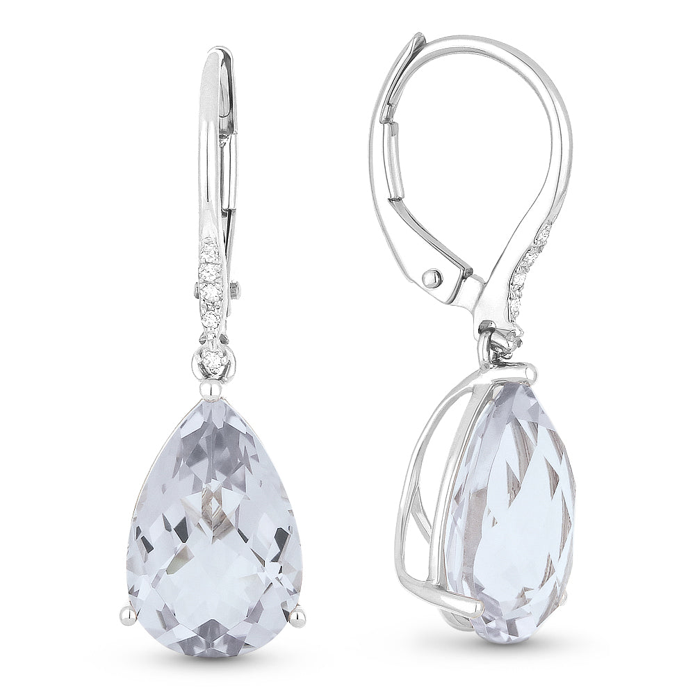 Beautiful Hand Crafted 14K White Gold 8x12MM White Topaz And Diamond Essentials Collection Drop Dangle Earrings With A Lever Back Closure