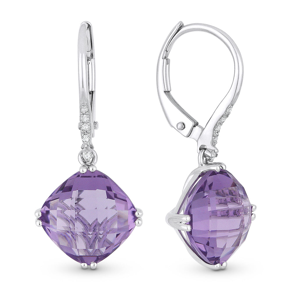 Beautiful Hand Crafted 14K White Gold 8MM Amethyst And Diamond Essentials Collection Drop Dangle Earrings With A Lever Back Closure