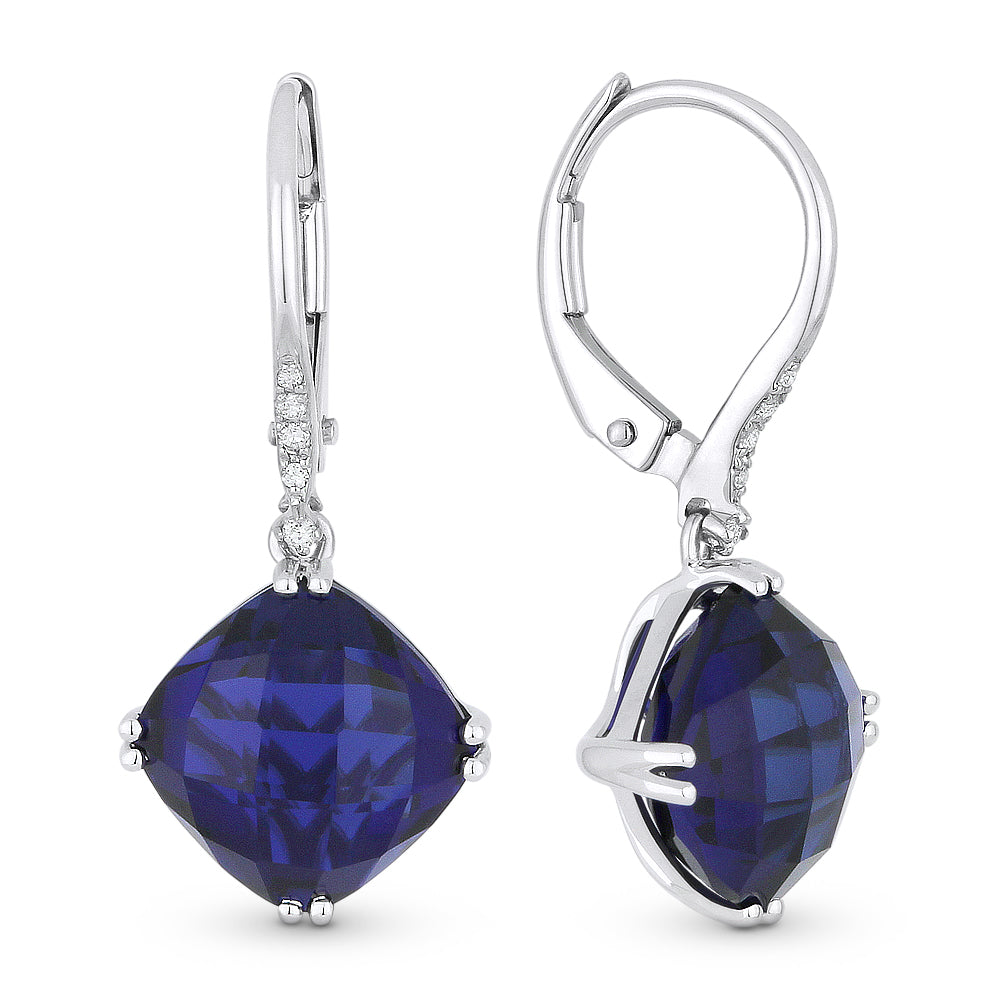 Beautiful Hand Crafted 14K White Gold 8MM Created Sapphire And Diamond Essentials Collection Drop Dangle Earrings With A Lever Back Closure