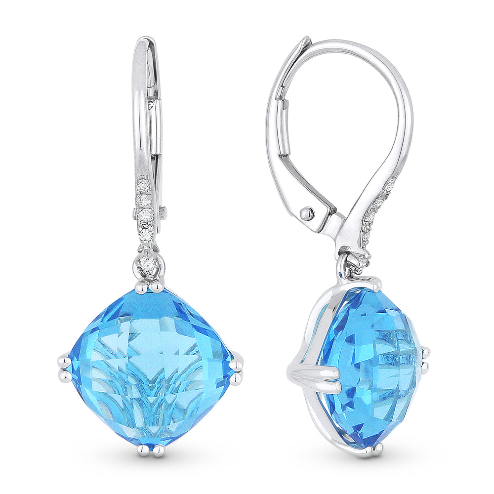 Beautiful Hand Crafted 14K White Gold 8MM Blue Topaz And Diamond Essentials Collection Drop Dangle Earrings With A Lever Back Closure