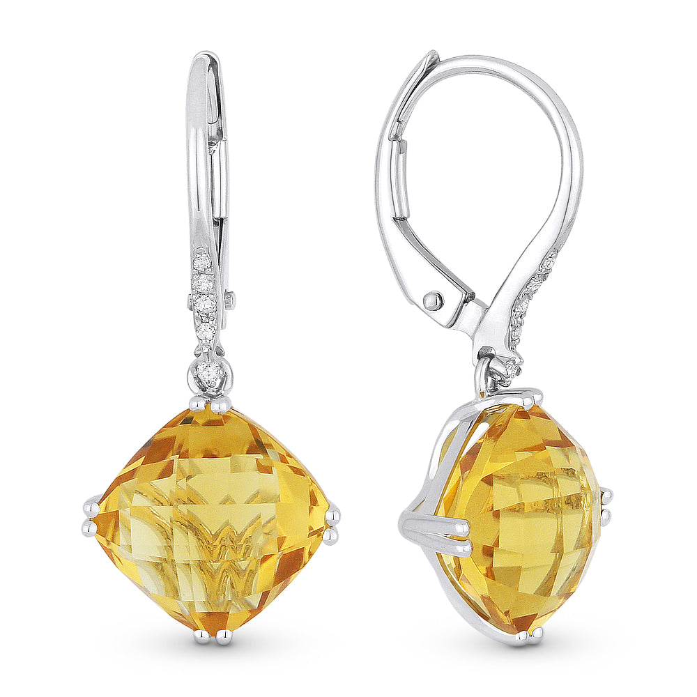 Beautiful Hand Crafted 14K White Gold 8MM Citrine And Diamond Essentials Collection Drop Dangle Earrings With A Lever Back Closure