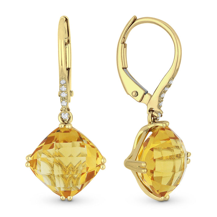 Beautiful Hand Crafted 14K Yellow Gold 8MM Citrine And Diamond Essentials Collection Drop Dangle Earrings With A Lever Back Closure