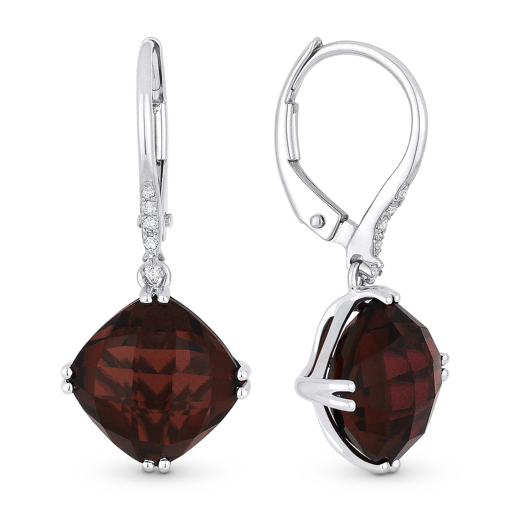 Beautiful Hand Crafted 14K White Gold 8MM Garnet And Diamond Essentials Collection Drop Dangle Earrings With A Lever Back Closure