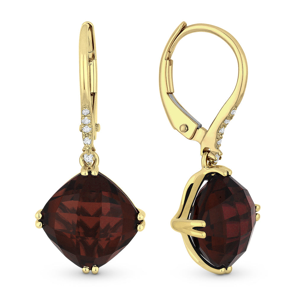 Beautiful Hand Crafted 14K Yellow Gold 8MM Garnet And Diamond Essentials Collection Drop Dangle Earrings With A Lever Back Closure