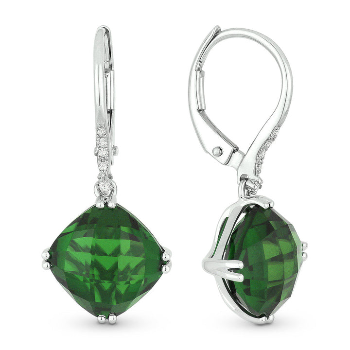 Beautiful Hand Crafted 14K White Gold 8MM Created Emerald And Diamond Essentials Collection Drop Dangle Earrings With A Lever Back Closure