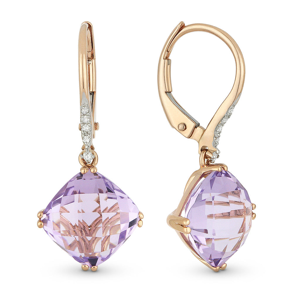 Beautiful Hand Crafted 14K Rose Gold 8MM Pink Amethyst And Diamond Essentials Collection Drop Dangle Earrings With A Lever Back Closure
