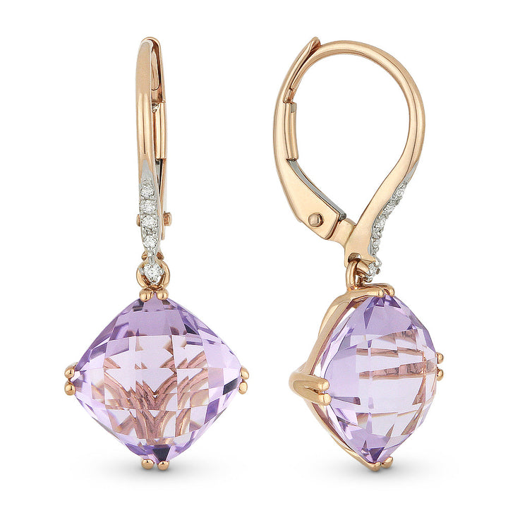 Beautiful Hand Crafted 14K Rose Gold 8MM Pink Amethyst And Diamond Essentials Collection Drop Dangle Earrings With A Lever Back Closure