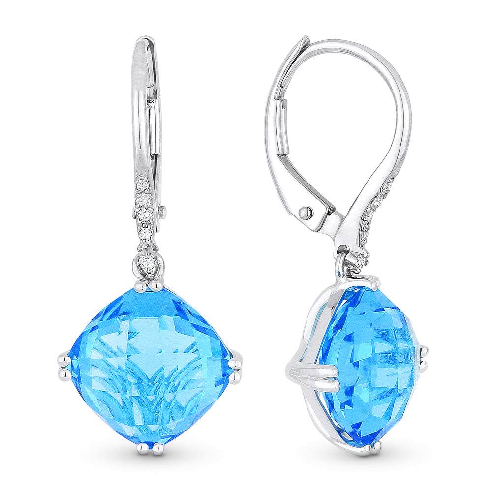 Beautiful Hand Crafted 14K White Gold 8MM Swiss Blue Topaz And Diamond Essentials Collection Drop Dangle Earrings With A Lever Back Closure